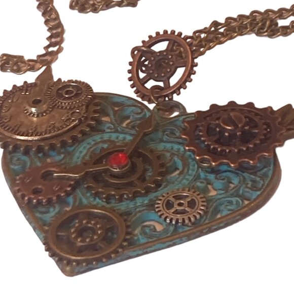 Steam Punk Turquoise Blue Heart Necklace With Gears and Bronze Chain - Picture 2 of 3